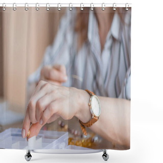 Personality  Cropped Shot Of Young Woman Making Accessory Of Beads Shower Curtains