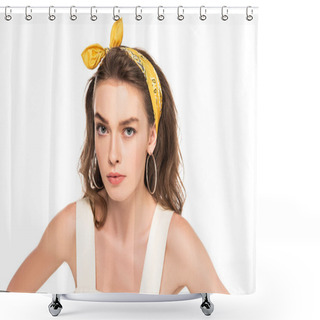 Personality  Young Angry Housewife In Dress And Headband Looking At Camera Isolated On White Shower Curtains
