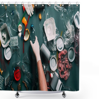 Personality  Partial View Of Man In Latex Glove Cleaning Water From Trash, Ecology Protection Concept Shower Curtains