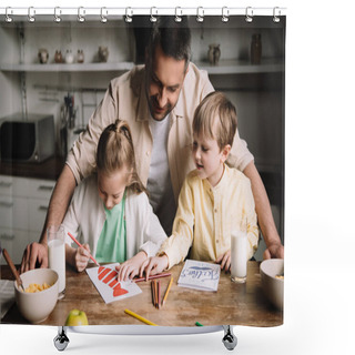 Personality  Happy Daddy Standing Near Adorable Kids Drawing Fathers Day Greeting Cards While Sitting At Kitchen Table With Served Breakfast Shower Curtains