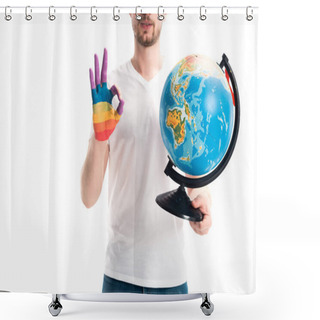 Personality  Cropped Image Of Man Holding Globe And Showing Okay Gesture With Hand Painted In Rainbow Isolated On White, World Aids Day Concept Shower Curtains