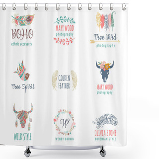 Personality  Bohemian, Tribal, Ethnic Icon Set With Feather, Bird And Wreath Shower Curtains