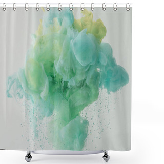 Personality  Texture With Flowing Light Turquoise Paint In Water With Drops, Isolated On Grey Shower Curtains