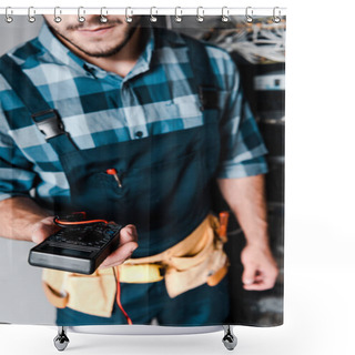 Personality  Cropped View Of Bearded Technician Holding Digital Meter  Shower Curtains