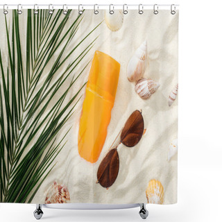 Personality  Orange Bottle Of Sunscreen On Sand With Seashells, Green Palm Leaf And Stylish Sunglasses Shower Curtains
