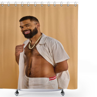 Personality  A Rugged Man With A Full Beard And Bare Chest Standing Against A Rustic Backdrop, Exuding An Aura Of Strength And Independence. Shower Curtains