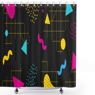 Personality  Background In The Style Of The 80s With Multicolored Geometric Shapes On The Black Background. Illustration For Hipsters Memphis Style Shower Curtains
