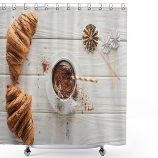 Personality  Top View Of Christmas Cacao In Mug With Decoration Near Croissants On White Wooden Table Shower Curtains