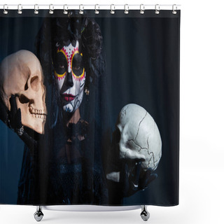 Personality  Woman In Black Halloween Costume And Creepy Makeup Holding Skulls And Looking At Camera On Dark Blue Background Shower Curtains