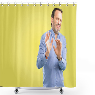 Personality  Handsome Middle Age Man Disgusted And Angry, Keeping Hands In Stop Gesture, As A Defense, Shouting Shower Curtains