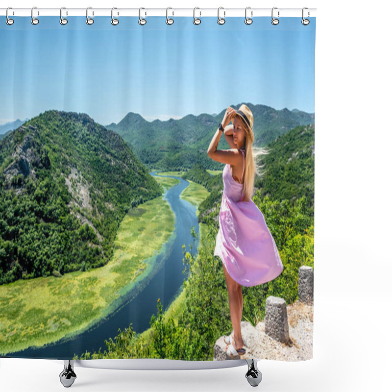 Personality  Beautiful Woman In Pink Dress Standing On Stone Of Viewpoint Near Crnojevica River In Montenegro Shower Curtains