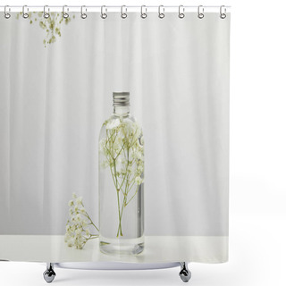 Personality  Organic Beauty Product In Transparent Bottle With White Wildflowers On Grey Background Shower Curtains