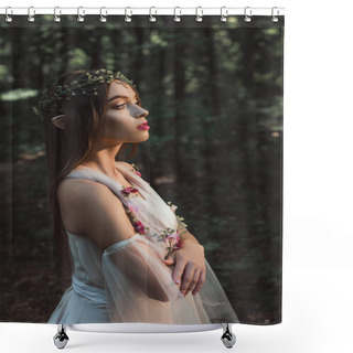 Personality  Attractive Mystic Elf In Flower Dress And Wreath Standing With Crossed Arms In Forest Shower Curtains