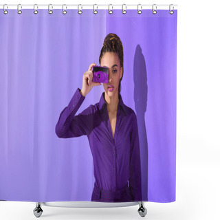 Personality  Stylish Beautiful Mulatto Girl In Purple Jacket Taking Photo On Camera Shower Curtains