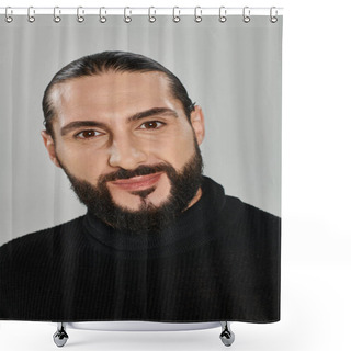 Personality  Portrait Of Happy Good Looking Arabic Man With Beard Posing In Turtleneck On Grey Backdrop Shower Curtains