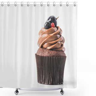 Personality  Close Up View Of Chocolate Cupcake With Cream, Berries And Plum Isolated On White Shower Curtains
