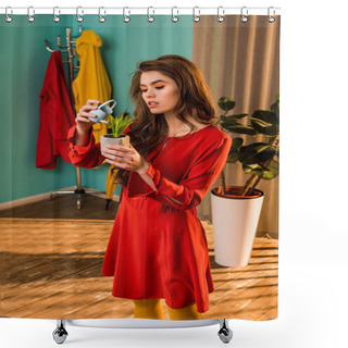 Personality  Attractive Old-fashioned Woman In Red Dress Watering Potted Plant With Small Watering Can At Home Shower Curtains