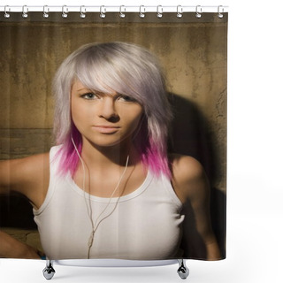Personality  Portrait Of Woman With Ear Buds In Ears Shower Curtains