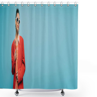 Personality  Portrait Of African American Woman In Trendy Accessories And Vibrant Outfit Posing On Blue, Banner Shower Curtains