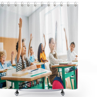 Personality  Group Of Schoolchildren Raising Hands To Answer Question During Lesson Shower Curtains