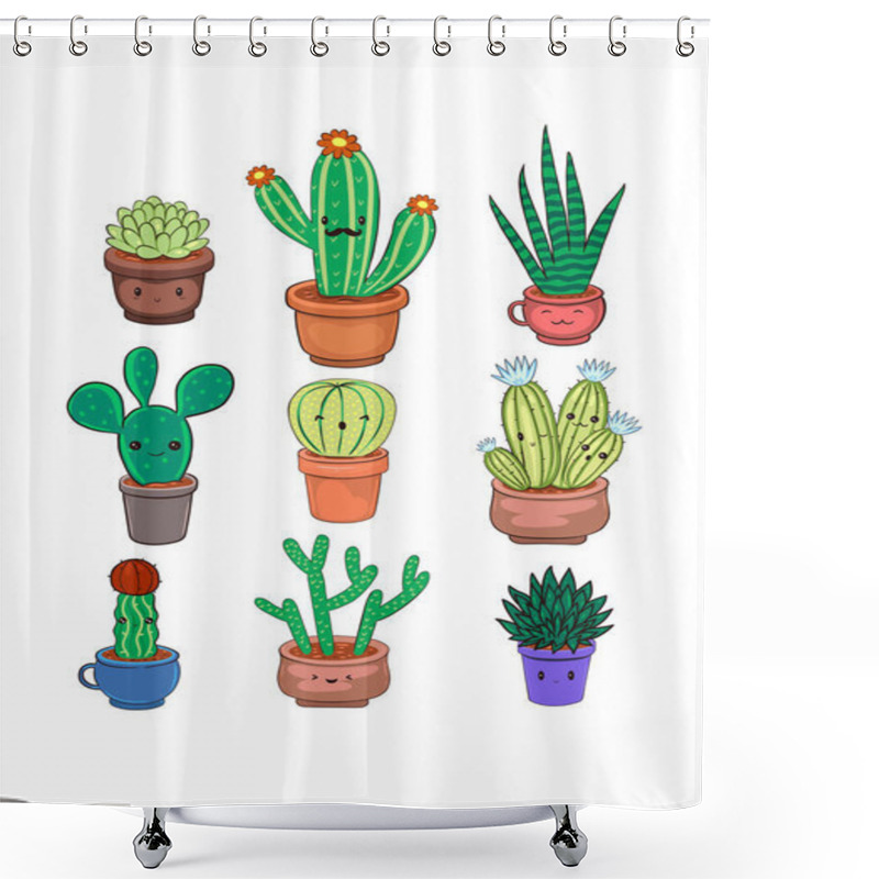 Personality  Greeting Card With Kawaii Cacti On A White Background. Vector Image Shower Curtains