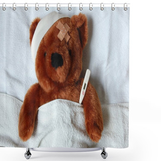Personality  Sick Teddy With Injury In Bed Shower Curtains
