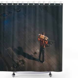 Personality  High Angle View Of Skateboarder Standing With Board On Shoulders Shower Curtains