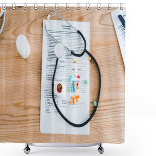 Personality  Top View Of Stethoscope Near Document And Bottles With Pills  Shower Curtains