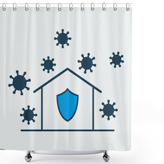 Personality  Vector Icon Of A House With A Protection Synbol Of Shield On It Surrounded By A Dangerous Virus. It Represents A Concept Of Medical Protection, Self Isolation, Health Safety And Virus Quarantine Shower Curtains