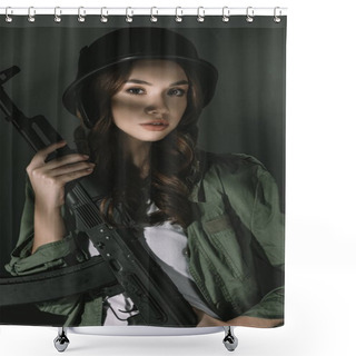 Personality  Beautiful Caucasian Young Girl In Military Helmet With Rifle, On Grey With Shadows Shower Curtains