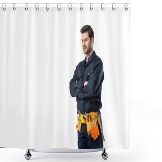 Personality  Side View Of Plumber In Uniform With Arms Crossed Isolated On White Shower Curtains