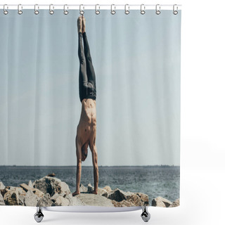 Personality  Sporty Shirtless Man Doing Handstand (adho Mukha Vrksasana) On Rocky Seashore Shower Curtains