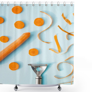 Personality  Carrot Cleaning With A Special Kitchen Appliance. On A Blue Background. Bright Carrot Shavings And Rings. Top View, Flat Lay Shower Curtains