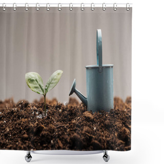 Personality  Toy Watering Can Standing Near Green Plant Isolated On Grey Shower Curtains