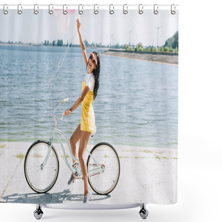 Personality  Side View Of Happy Brunette Girl Riding Bike With Balloons Near River In Summer Shower Curtains