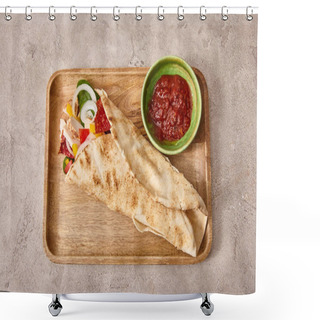 Personality  Top View Of Fresh Burrito With Chicken And Vegetables On Board Near Chili Sauce On Concrete Grey Background Shower Curtains
