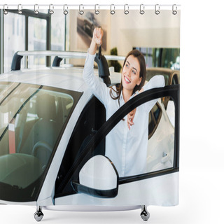 Personality  Selective Focus Of Positive Young Woman Holding Car Key   Shower Curtains
