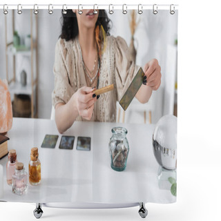 Personality  Cropped View Of Fortune Teller Holding Sage Stick And Tarot Card At Home  Shower Curtains