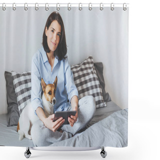 Personality  Pleasant Looking Brunette Female In Pyjamas Uses Modern Electronic Gadget In Bedroom On Bed, Sits With Her Jack Russell Terrier Dog, Enjoys Calm Domestic Atmosphere, Has Nice Weekends Shower Curtains
