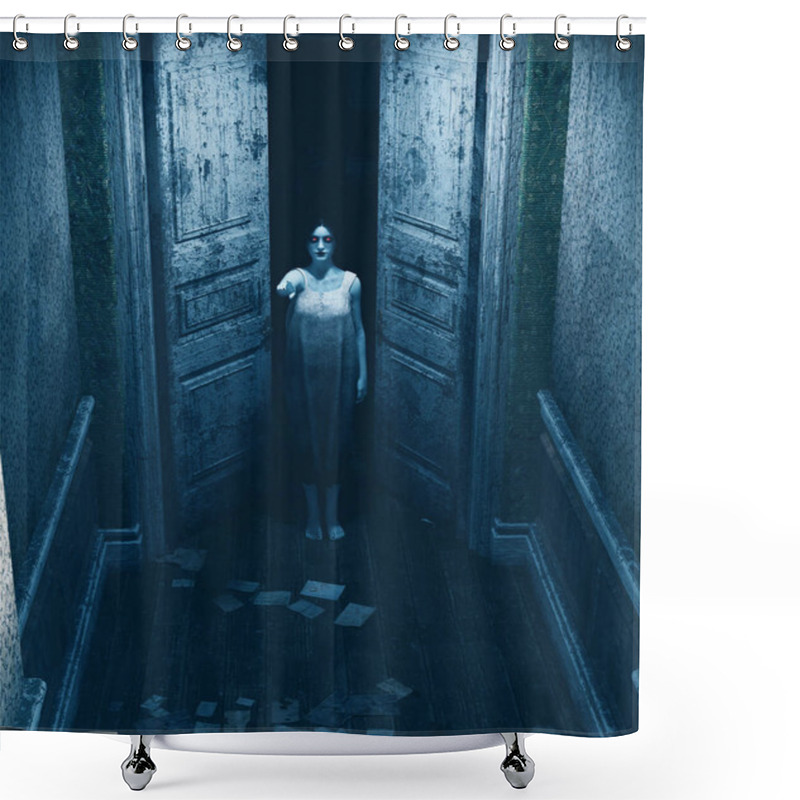 Personality  3d illustration of ghost woman in haunted house  shower curtains