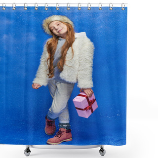 Personality  Winter Wonderland, Happy Girl In Faux Fur Jacket And Hat Holding Gift Box On Turquoise Background Shower Curtains