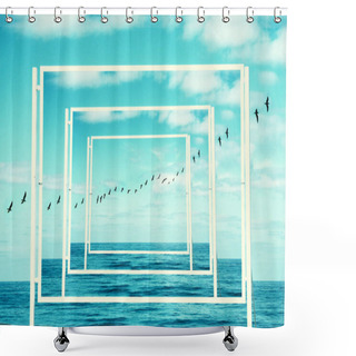 Personality  Surreal Enigmatic Picture Of Flying Birds And Frame . Beach Landscape. Shower Curtains