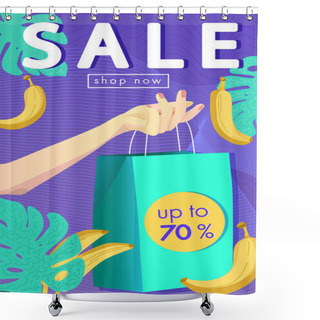 Personality  SALE Banner Design. Shopping Discount Bags In The Girl's Hand, Tropical Leaves And Bananas. Shower Curtains