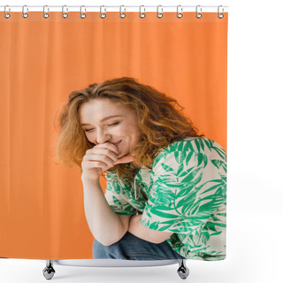 Personality  Cheerful Young Red Haired Woman With Closed Eyes In Blouse With Floral Pattern And Jeans Laughing While Posing Isolated On Orange, Trendy Casual Summer Outfit Concept, Youth Culture Shower Curtains