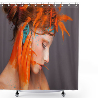 Personality  Portrait Of A Beautiful Model With Creative Make-up And Hairstyle Using Orange Feathers Shower Curtains