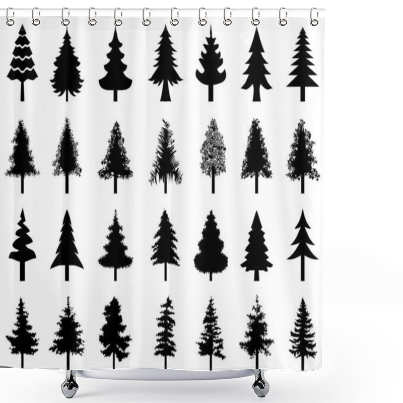 Personality  Black Silhouettes Of Various Christmas Tree On A White Background Shower Curtains