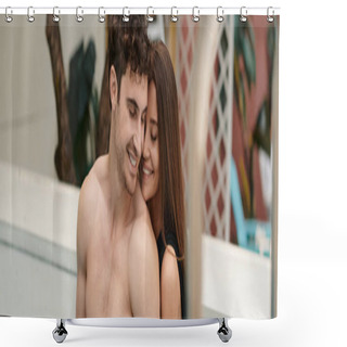 Personality  Cheerful Woman With Brunette Hair Embracing Shirtless Man During Vacation On Resort, Banner Shower Curtains