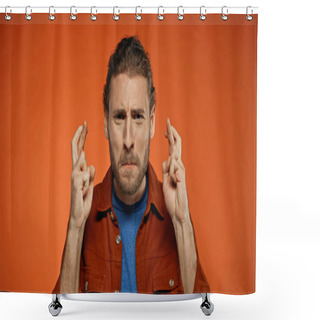Personality  Bearded Young Man With Crossed Fingers On Orange  Shower Curtains