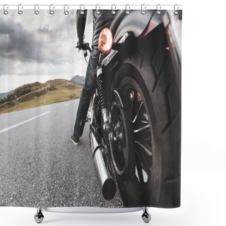 Personality  Driver Riding Motorcycle On An Asphalt Road In Mountain, Detail Of Rear Wheel, Close-up.front, Shower Curtains