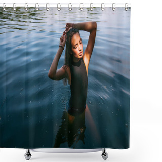 Personality  Woman In Black Swimming Suit Shower Curtains